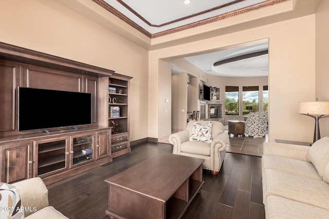 living area with baseboards, a raised ceiling, dark wood-type flooring, and a fireplace