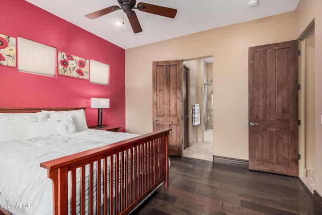 bedroom with connected bathroom, a ceiling fan, baseboards, and wood finished floors