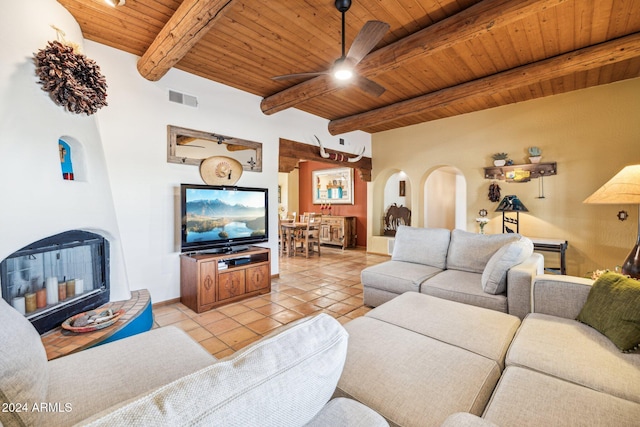 living room with ceiling fan, beam ceiling, light tile patterned flooring, and wooden ceiling