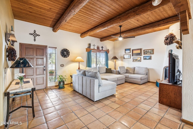 tiled living room with ceiling fan, beam ceiling, and wooden ceiling