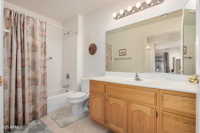 bathroom featuring shower / tub combo with curtain, vanity, toilet, and tile patterned floors