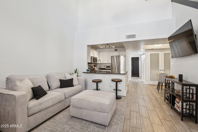 living room with sink, rail lighting, and a high ceiling