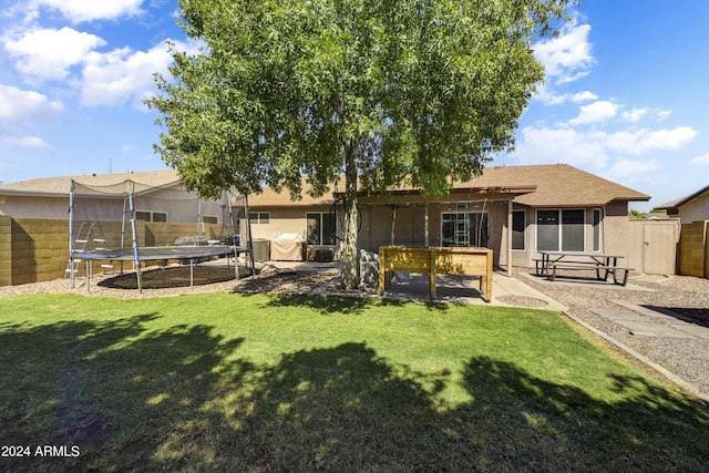 back of house with a yard, a trampoline, and a patio area