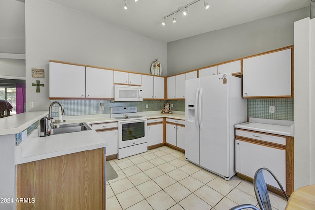 kitchen featuring kitchen peninsula, sink, white cabinets, and white appliances