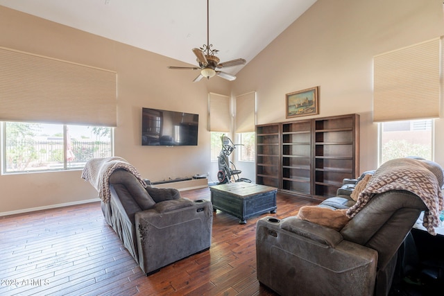 7169 S Dodane Ct, Gilbert, AZ 85298 - living area with plenty of natural light, wood finished floors, a ceiling fan, and high vaulted ceiling