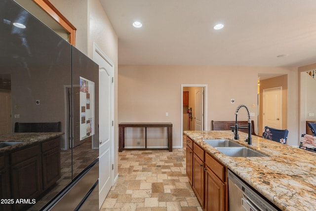 7169 S Dodane Ct, Gilbert, AZ 85298 - kitchen with a sink, light stone countertops, dishwasher, light stone finish floors, and recessed lighting