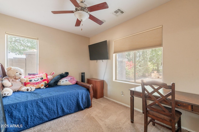 7169 S Dodane Ct, Gilbert, AZ 85298 - bedroom with light colored carpet, baseboards, and ceiling fan