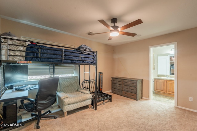 7169 S Dodane Ct, Gilbert, AZ 85298 - bedroom with light carpet, a desk, connected bathroom, baseboards, and ceiling fan