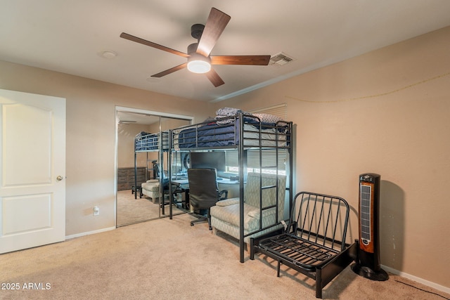 7169 S Dodane Ct, Gilbert, AZ 85298 - bedroom with carpet flooring, baseboards, a closet, and a ceiling fan