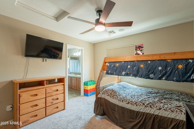 7169 S Dodane Ct, Gilbert, AZ 85298 - bedroom featuring light carpet, attic access, connected bathroom, and ceiling fan