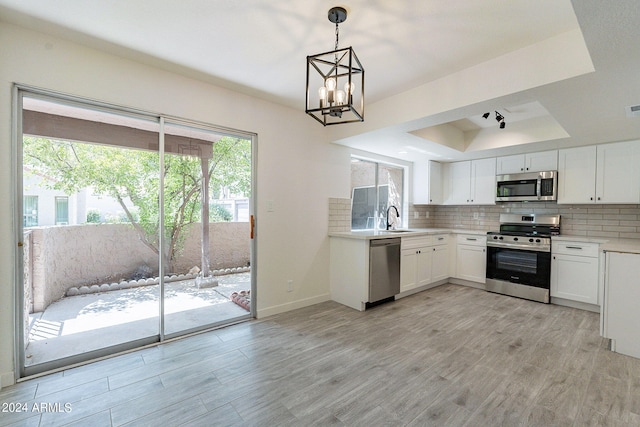 kitchen with plenty of natural light, a raised ceiling, appliances with stainless steel finishes, and white cabinets