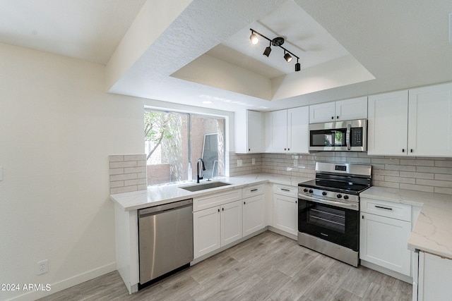 kitchen featuring white cabinetry, light hardwood / wood-style flooring, stainless steel appliances, sink, and a raised ceiling