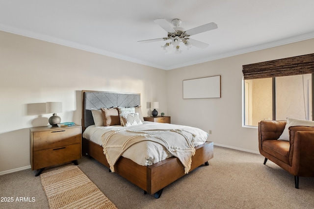 bedroom with ceiling fan, ornamental molding, and carpet