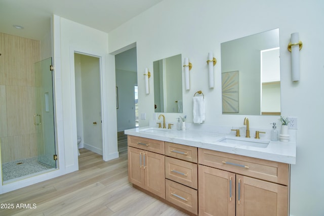 full bathroom with a shower stall, wood finished floors, toilet, and a sink