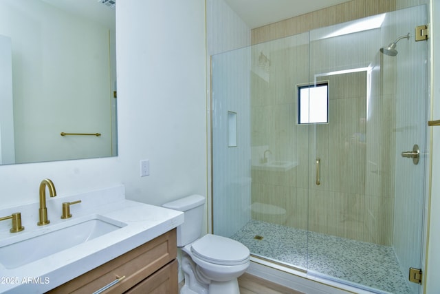 full bath featuring toilet, vanity, and a stall shower