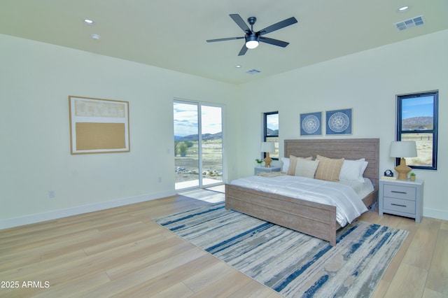 bedroom featuring recessed lighting, baseboards, light wood-style floors, access to exterior, and visible vents