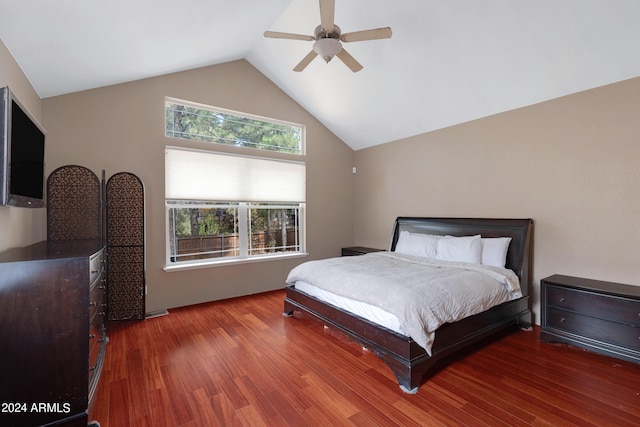 bedroom featuring high vaulted ceiling, ceiling fan, and wood-type flooring