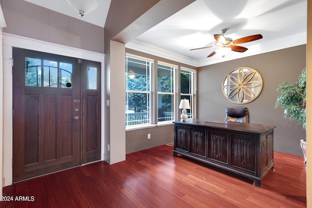 office space with plenty of natural light, crown molding, hardwood / wood-style flooring, and ceiling fan