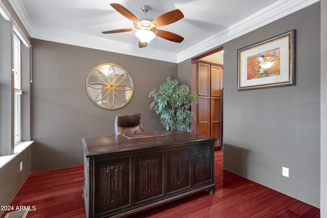 office area featuring dark hardwood / wood-style floors, ornamental molding, and ceiling fan