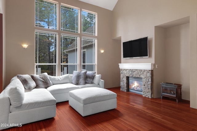 living room with a fireplace, wood-type flooring, and high vaulted ceiling