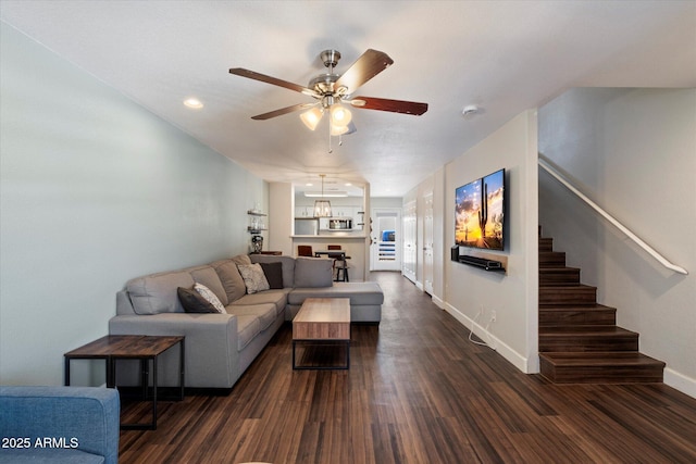 1505 N Center St Unit 218, Mesa, AZ 85201 - living area featuring stairway, dark wood-type flooring, ceiling fan, baseboards, and recessed lighting