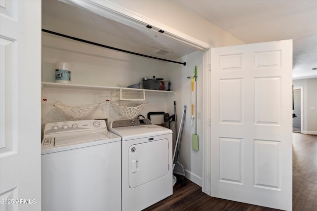 1505 N Center St Unit 218, Mesa, AZ 85201 - washroom with washer and clothes dryer, dark wood-type flooring, and baseboards