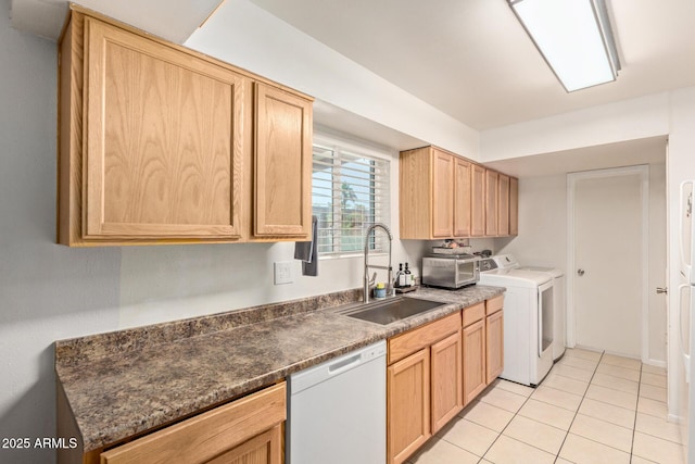 13614 N 33rd Ave, Phoenix, AZ 85029 - kitchen with dishwasher, light brown cabinets, light tile patterned floors, dark countertops, and washing machine and dryer