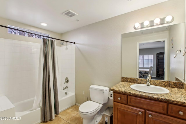 full bath featuring shower / tub combo, visible vents, toilet, tile patterned floors, and vanity