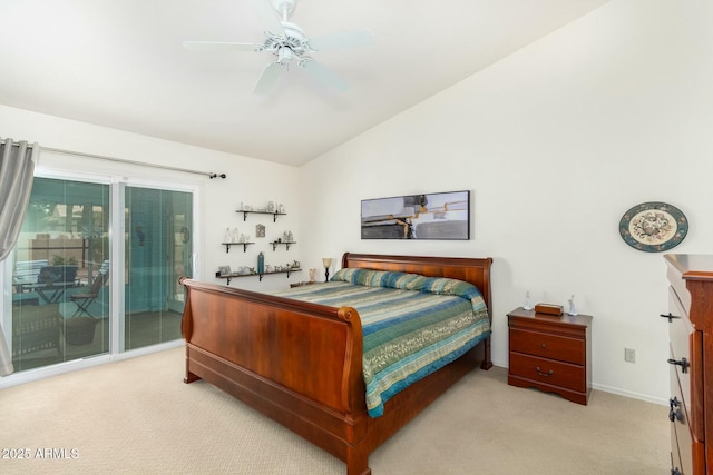 carpeted bedroom featuring access to outside, ceiling fan, and lofted ceiling