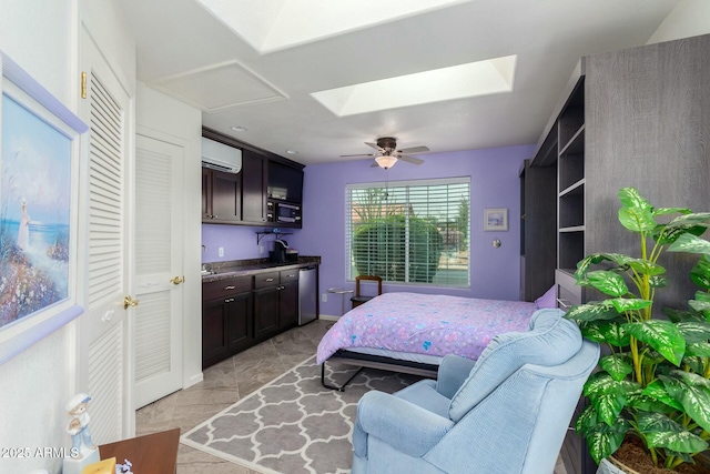 bedroom with ceiling fan and a wall mounted AC