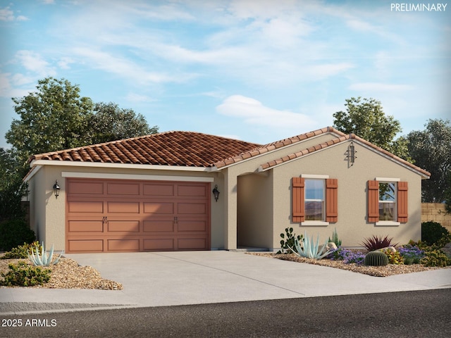 327 S San Gregorio Ln, Casa Grande, AZ 85194 - mediterranean / spanish home with concrete driveway, a garage, a tiled roof, and stucco siding
