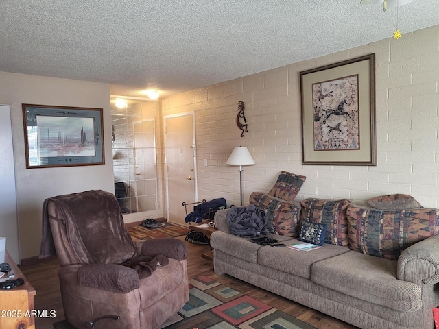 living room featuring dark hardwood / wood-style floors and a textured ceiling