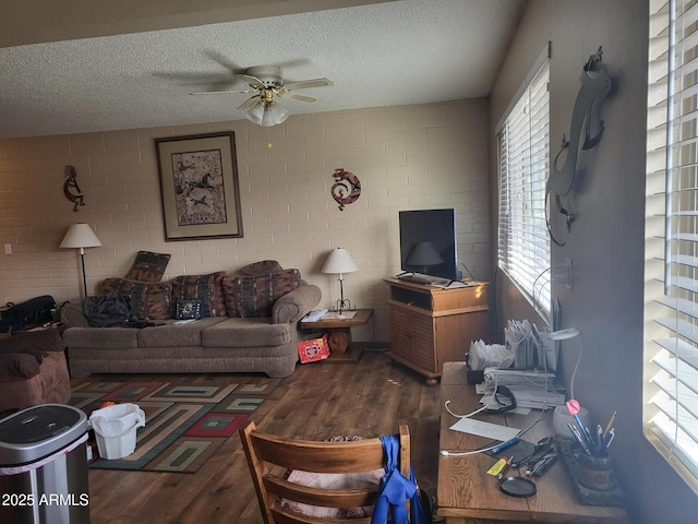 living room featuring ceiling fan, dark hardwood / wood-style flooring, and a textured ceiling