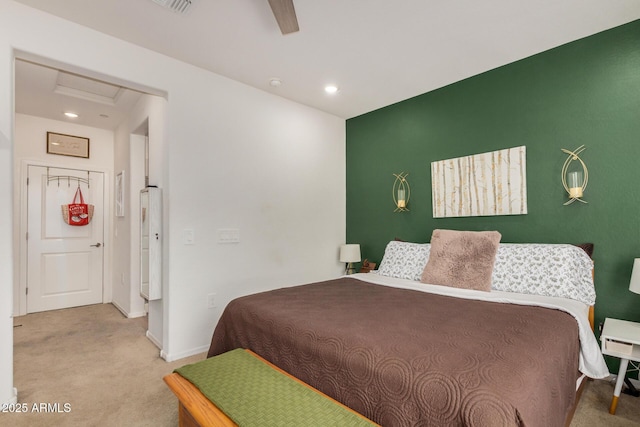 2631 S Sulley Dr Unit 106, Gilbert, AZ 85295 - bedroom featuring carpet flooring, attic access, baseboards, recessed lighting, and a ceiling fan