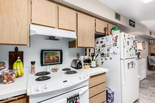 kitchen with light brown cabinetry and white appliances