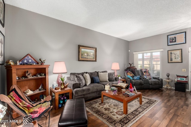 living room featuring dark hardwood / wood-style flooring and a textured ceiling