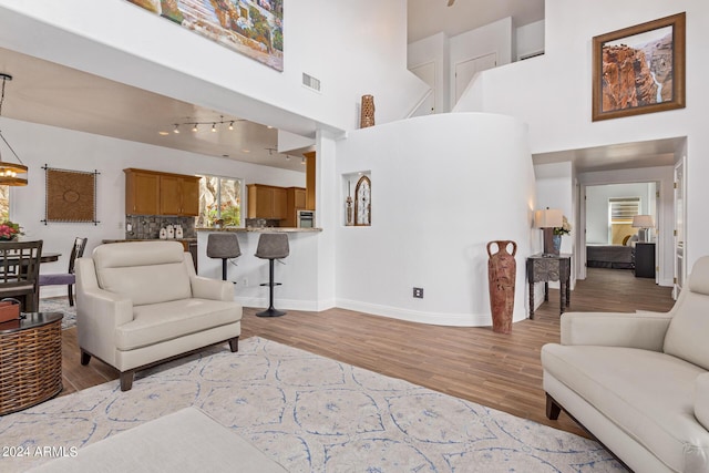 living room with a towering ceiling and light hardwood / wood-style floors