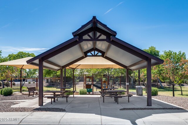 view of home's community featuring fence and playground community