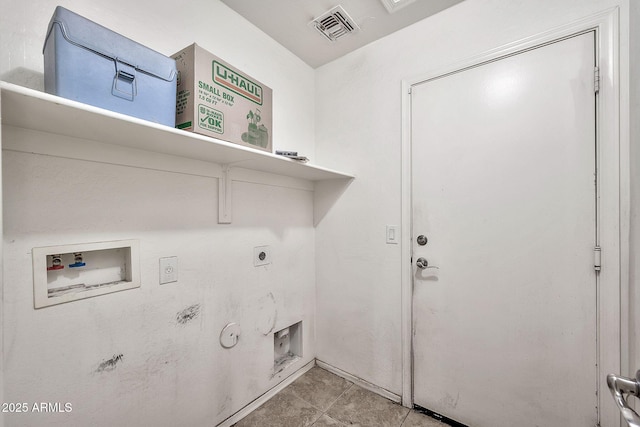 washroom featuring gas dryer hookup, hookup for an electric dryer, laundry area, washer hookup, and visible vents