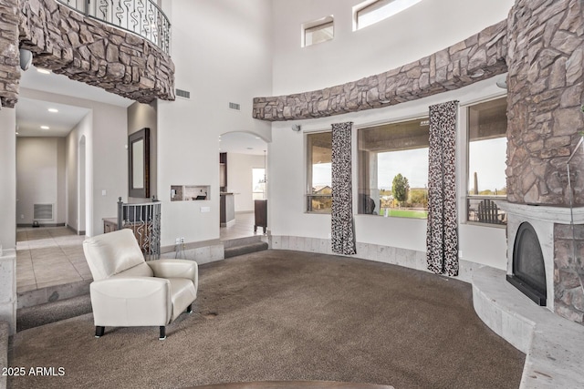 interior space featuring a stone fireplace and a high ceiling