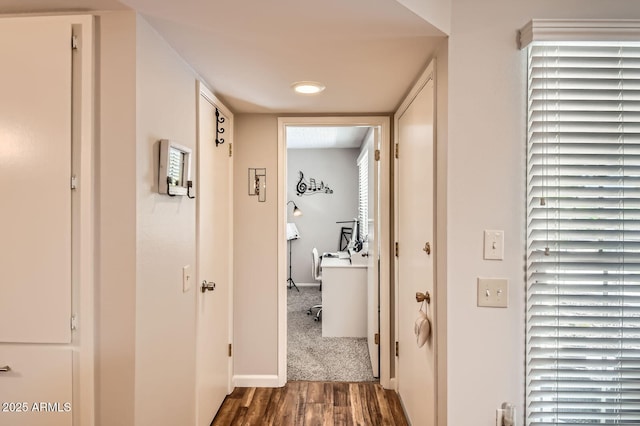 hallway with wood finished floors and baseboards