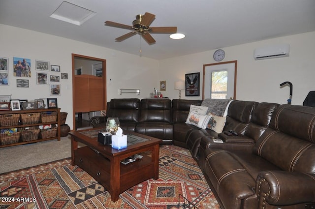carpeted living room with an AC wall unit and a ceiling fan
