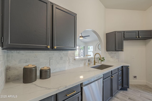 4248 E Jason Dr, Phoenix, AZ 85050 - kitchen with stainless steel dishwasher, a sink, light stone counters, decorative backsplash, and light wood-style floors