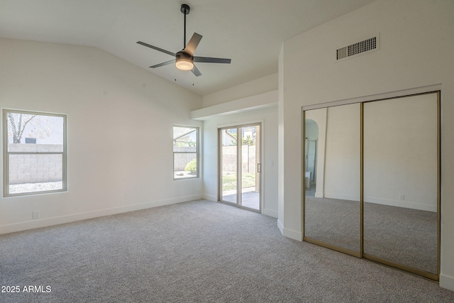 4248 E Jason Dr, Phoenix, AZ 85050 - unfurnished bedroom featuring carpet, a closet, access to exterior, high vaulted ceiling, and ceiling fan