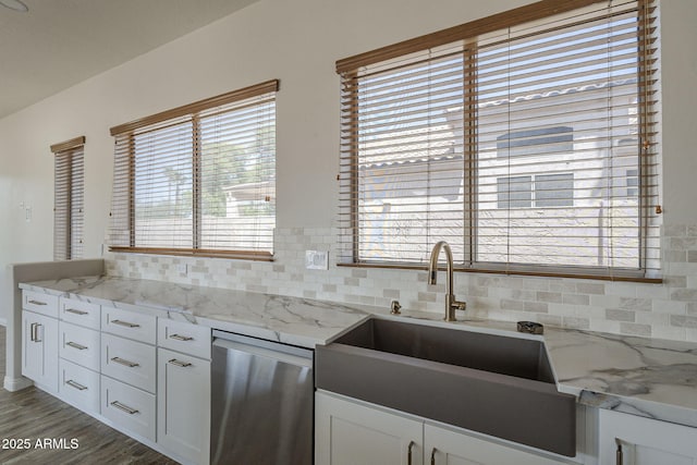 1826 W Oriole Way, Chandler, AZ 85286 - kitchen with dishwasher, decorative backsplash, white cabinetry, light wood-style floors, and light stone counters