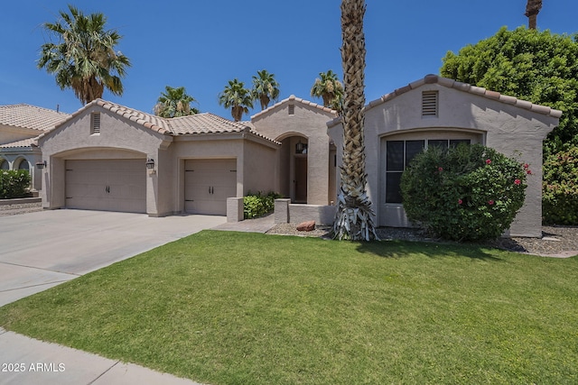 1826 W Oriole Way, Chandler, AZ 85286 - mediterranean / spanish house with an attached garage, stucco siding, a front lawn, a tile roof, and concrete driveway