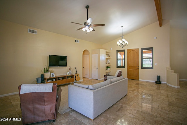 living room with beam ceiling, high vaulted ceiling, and ceiling fan with notable chandelier