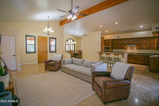 living room featuring beamed ceiling, high vaulted ceiling, and ceiling fan with notable chandelier