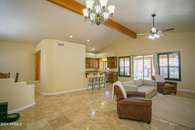 living room featuring beamed ceiling, high vaulted ceiling, and ceiling fan with notable chandelier