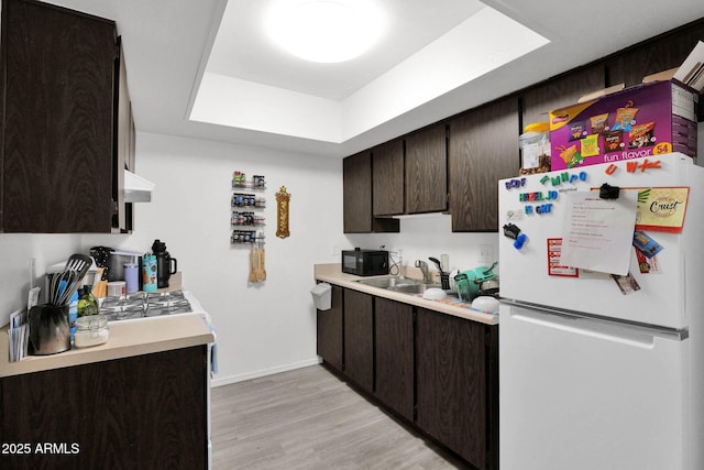 kitchen with light countertops, dark brown cabinets, and freestanding refrigerator